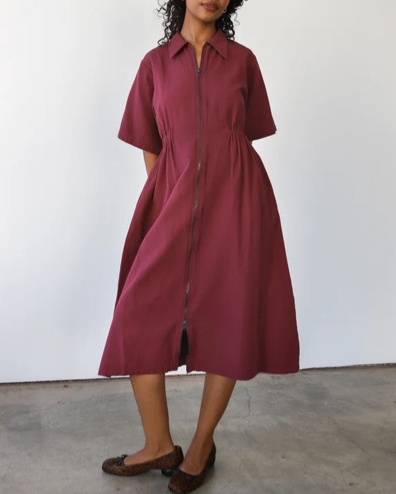 Noble long utility dres in bordeaux burgundy with zipper front