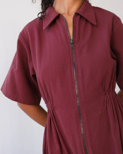 Noble long utility dres in bordeaux burgundy with zipper front