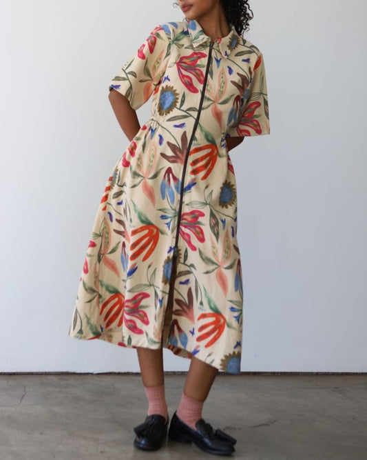 Noble Laura Burke long utility dress paired with ribbed socks and loafers