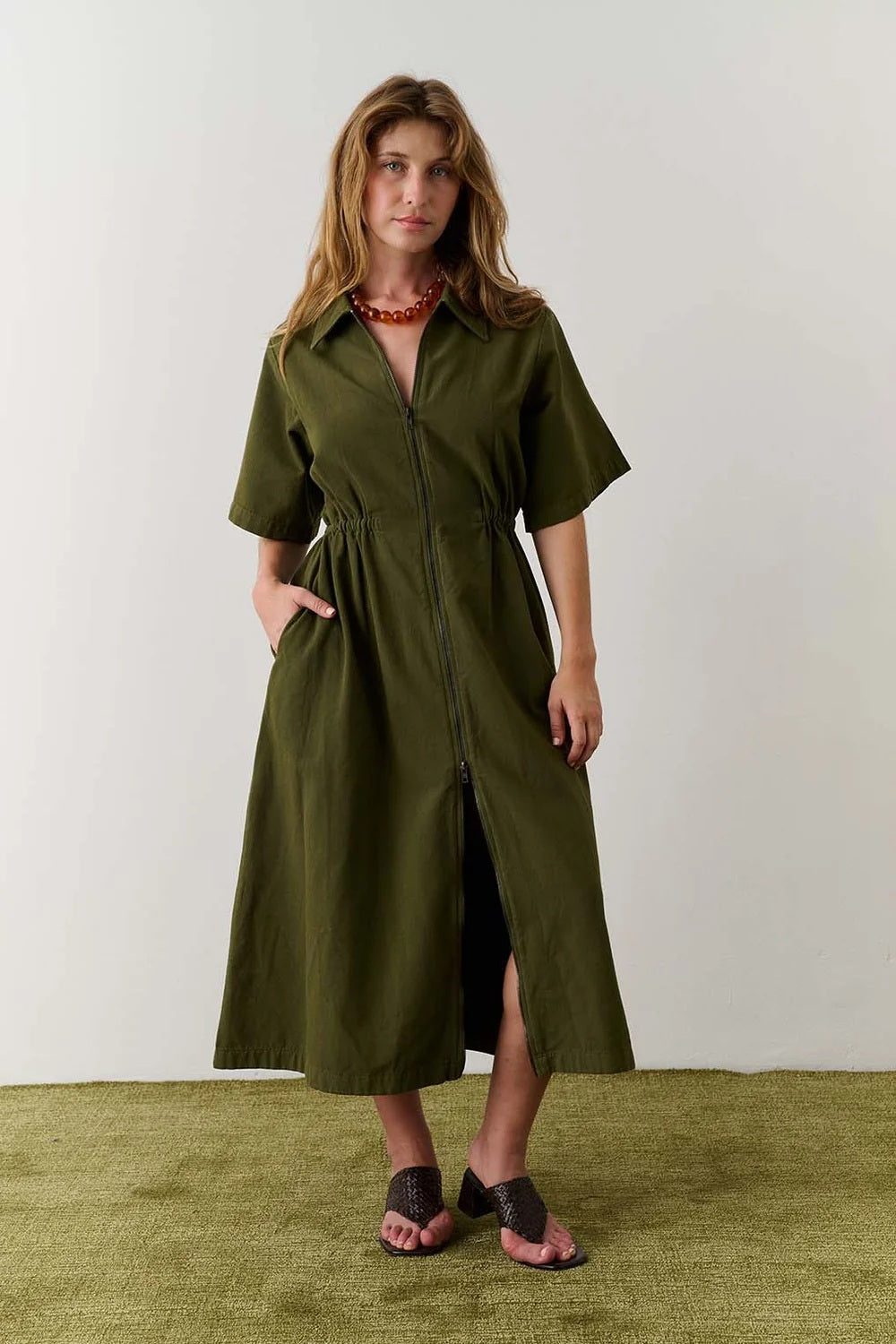 Noble long utility dress in olive green