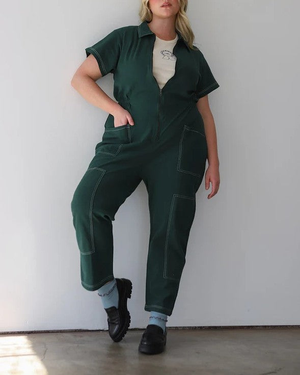 Noble Utility Suit in hunter green with white contrast stitch