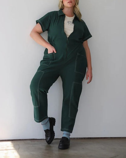 Noble Utility Suit in hunter green with white contrast stitch