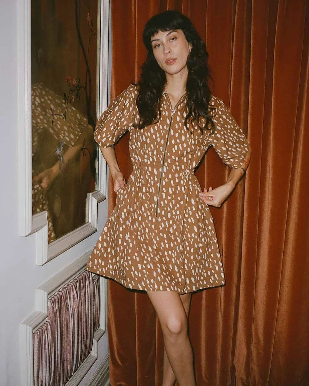 Noble Utility Dress in fawn animal speckled print