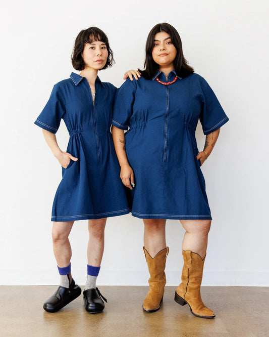 Noble utility dress in Navy with white contrast stitching