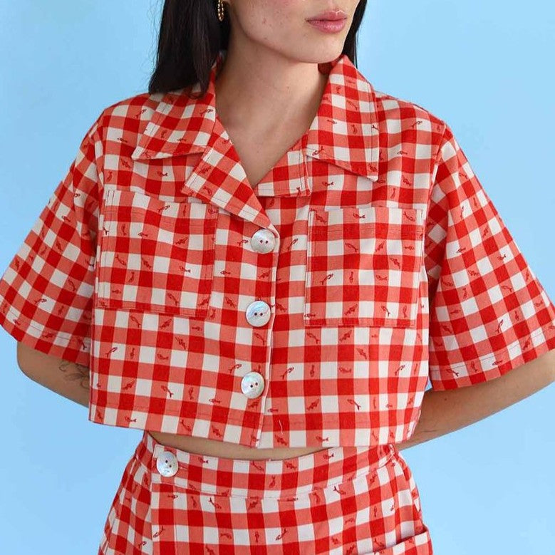 Noble shell utility shirt in red gingham little fishies, paired with the matching skort