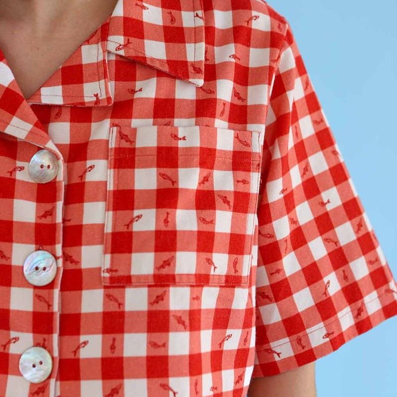 Noble shell utility shirt in red gingham little fishies, paired with the matching skort
