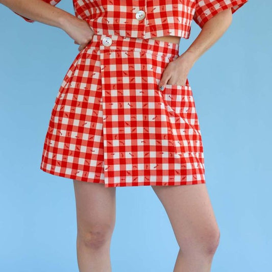 Nobly utility skort in gingham fishies with matching utility shirt