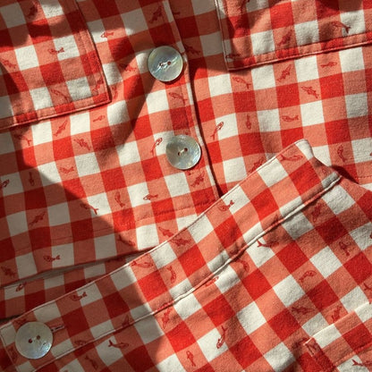 Noble shell utility shirt in red gingham little fishies, paired with the matching skort
