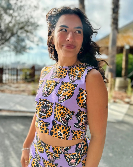 Nooworks Summer Tank in limited reprint Cheetah Head at Clad, a sustainable clothing store in Asheville, NC
