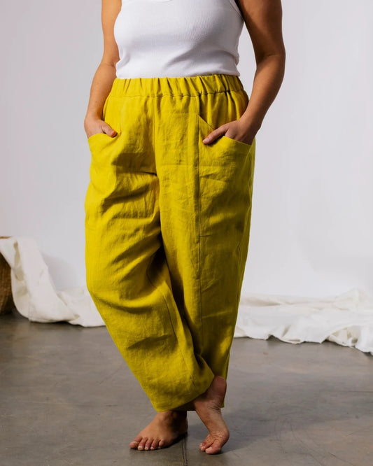 Pamur river pant in citron chartreuse yellow green with an elastic waist and deep pockets