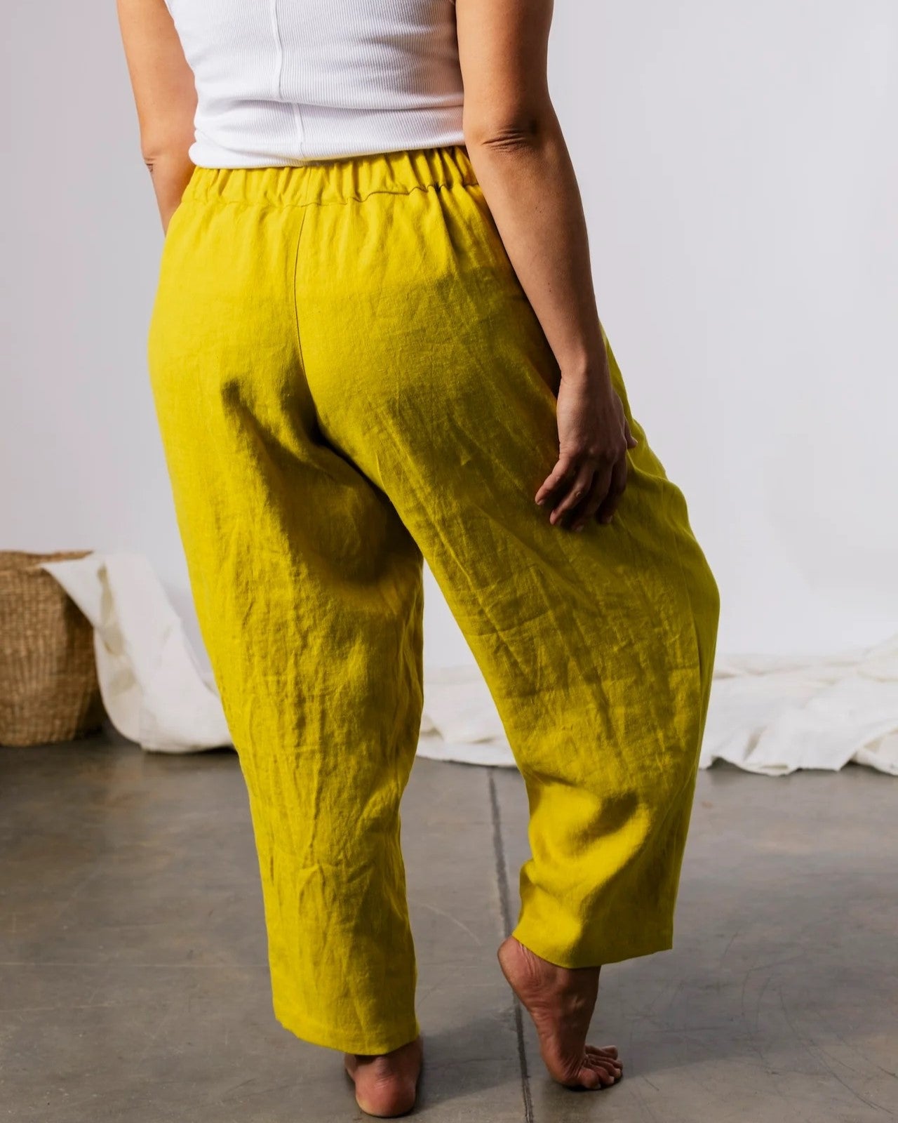 Pamur river pant in citron chartreuse yellow green with an elastic waist and deep pockets