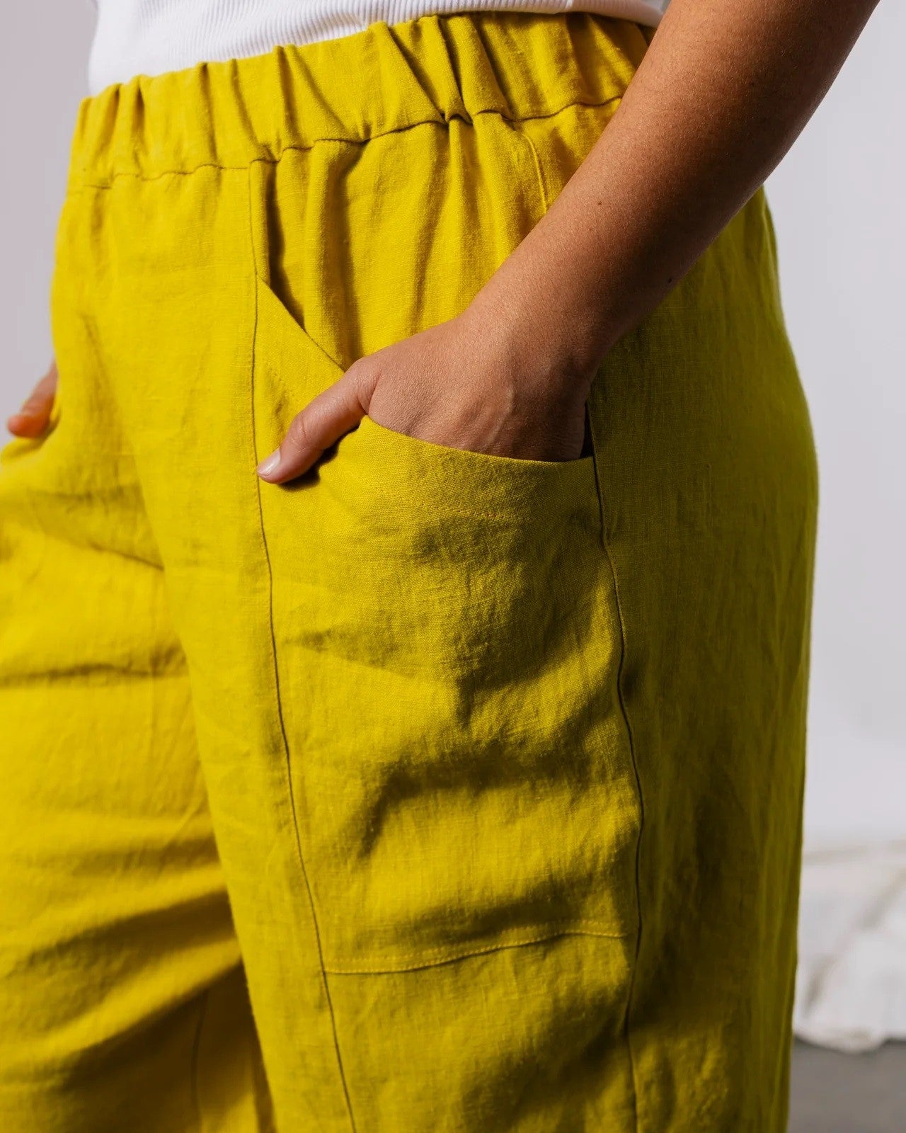 Pamur river pant in citron chartreuse yellow green with an elastic waist and deep pockets