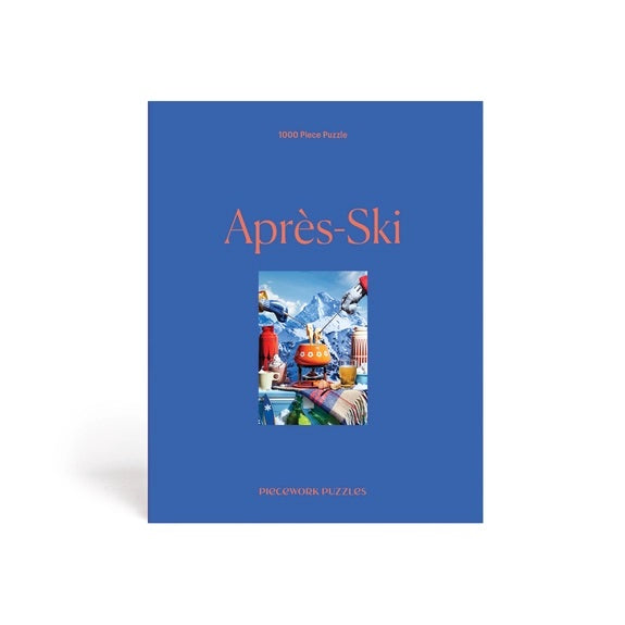 Apres-Ski 1000 piece puzzle by Piecework Puzzles. Snow mountain scene with ski mitts over a fondue.