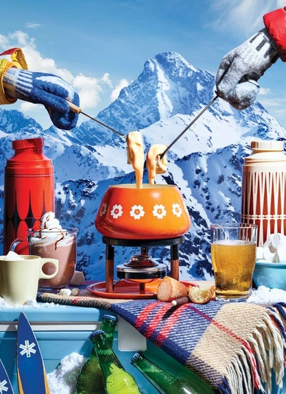 Apres-Ski 1000 piece puzzle by Piecework Puzzles. Snow mountain scene with ski mitts over a fondue.