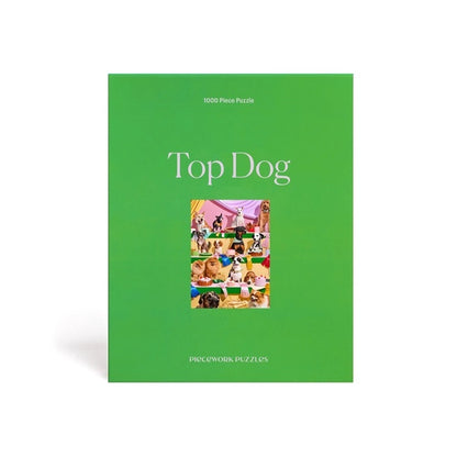 Top Dog 1000 piece puzzle by Piecework Puzzles. 14 dogs at a bake-off baking competition. Bright green box.