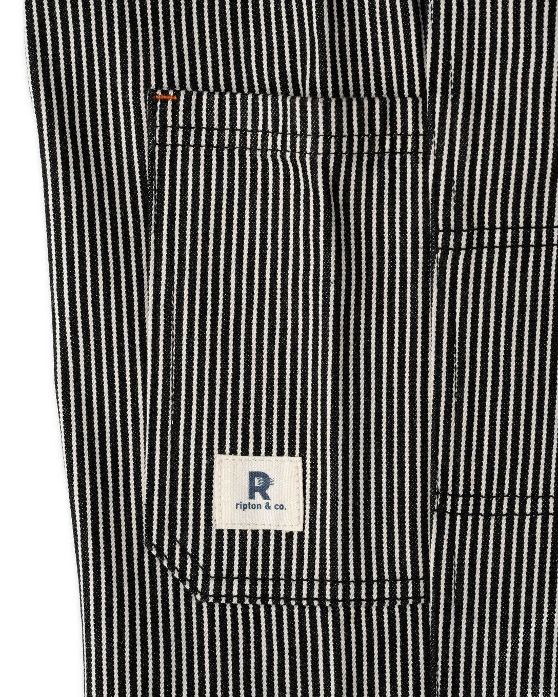 black and white railroad strip utility jeans from Ripton