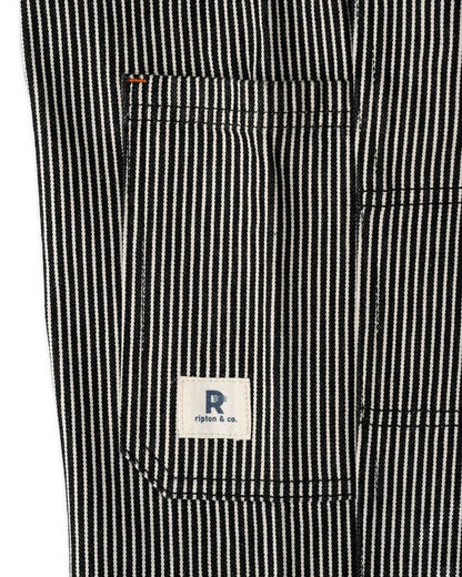 black and white railroad strip utility jeans from Ripton