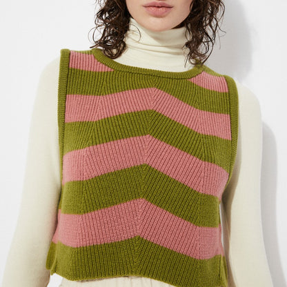 Pink and green Annie knit sweater vest with chevron stripes by Rita Row in Spain.