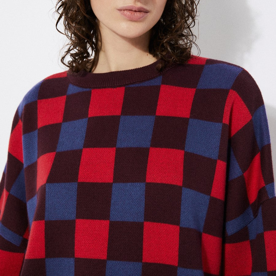 Freser checkered knit sweater with burgundy, blue, and poppy red made by Rita Row in Spain.