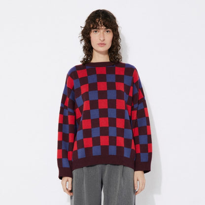 Freser checkered knit sweater with burgundy, blue, and poppy red made by Rita Row in Spain.