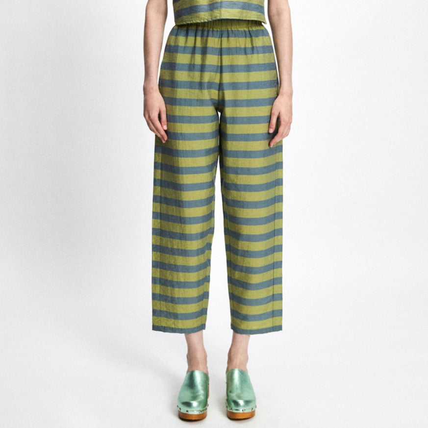 Alternating chartreuse and moss green striped pants with an elastic waist and matching sleeveless top. Cropped and tapered at the ankle.