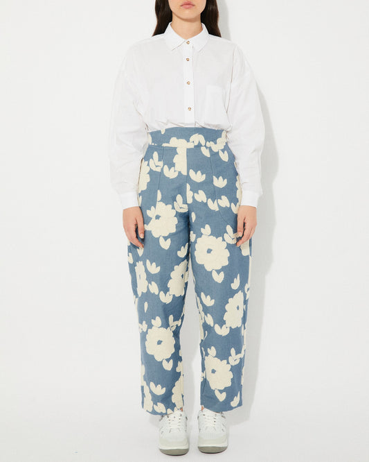 Rita Row blue floral peony pant with flowers and a high waist at Clad, a sustainable clothing shop in Asheville, NC