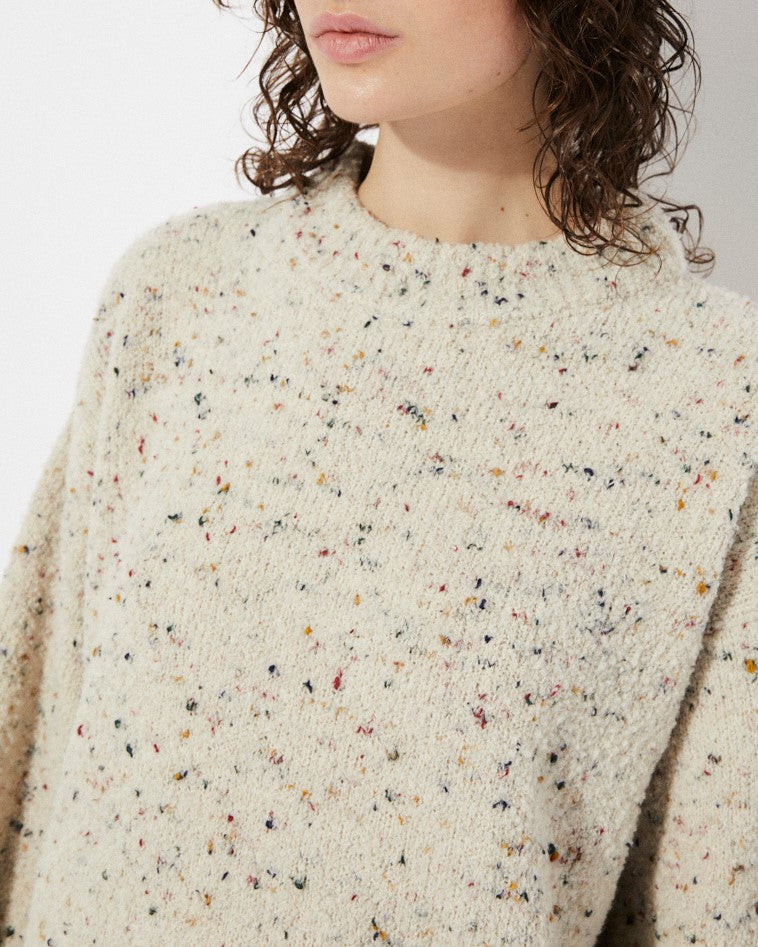 Saloria cream knit sweater with speckled flecks of color throughout. Made by Rita Row in Spain.