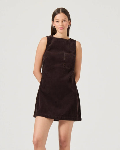 Chocolate brown corduroy shift dress by Rolla's with a pocket and exposed zipper back
