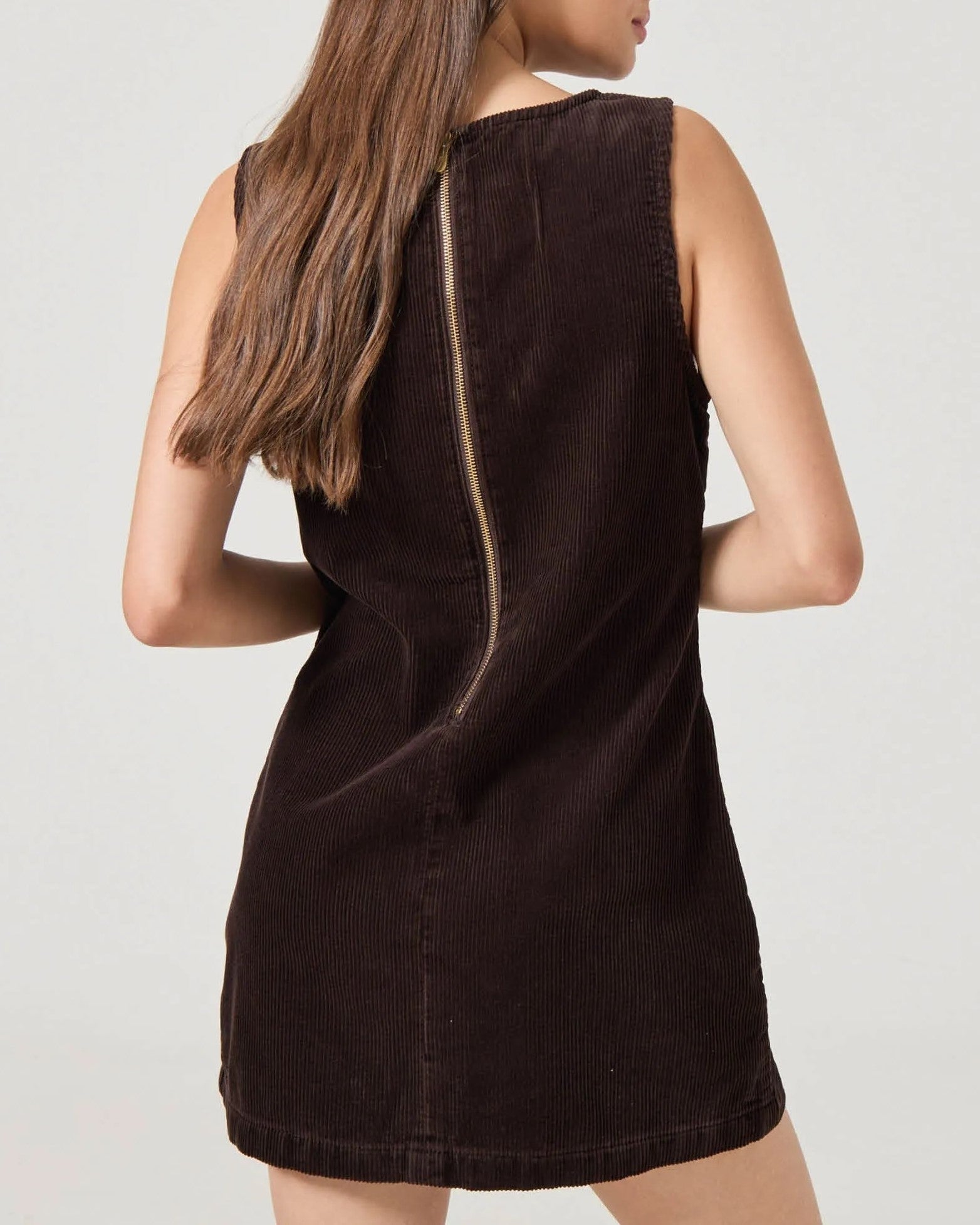 Chocolate brown corduroy shift dress by Rolla's with a pocket and exposed zipper back