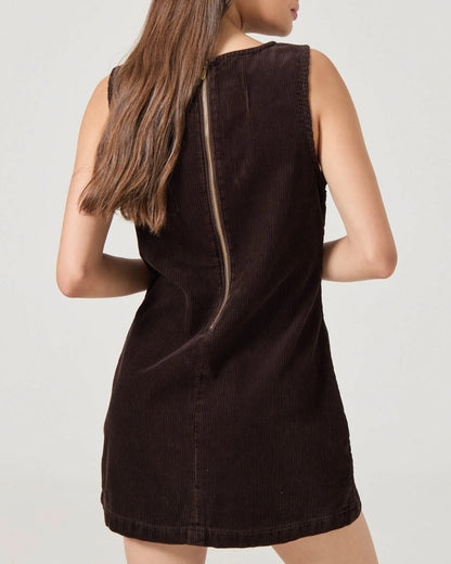 Chocolate brown corduroy shift dress by Rolla's with a pocket and exposed zipper back