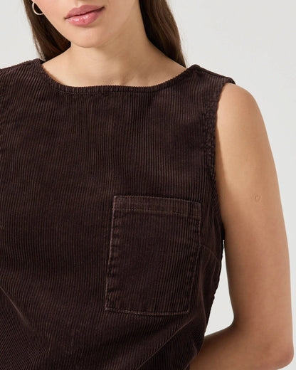 Chocolate brown corduroy shift dress by Rolla's with a pocket and exposed zipper back