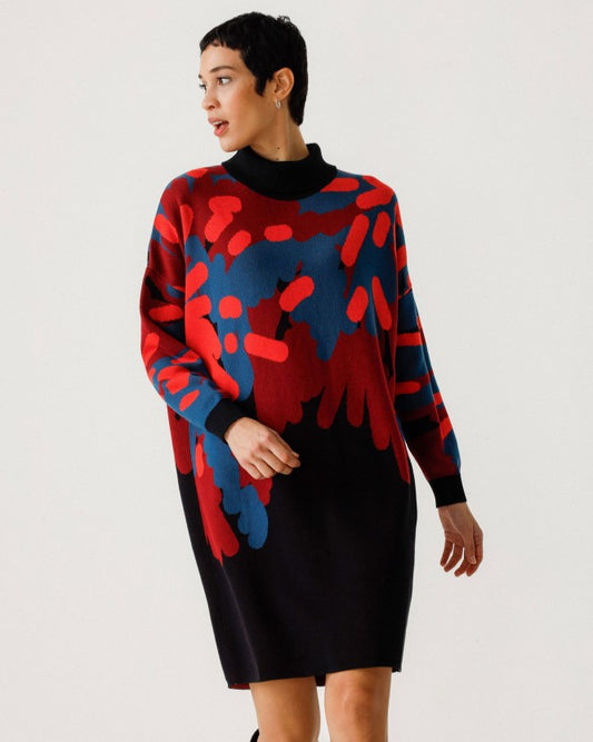 Haira sweater dress with blue, orange, red, and black from SKFK.