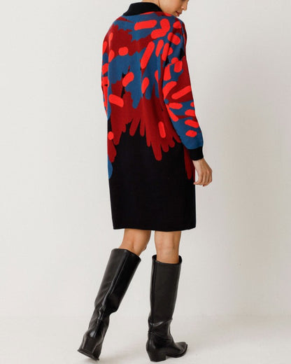 Haira sweater dress with blue, orange, red, and black from SKFK.