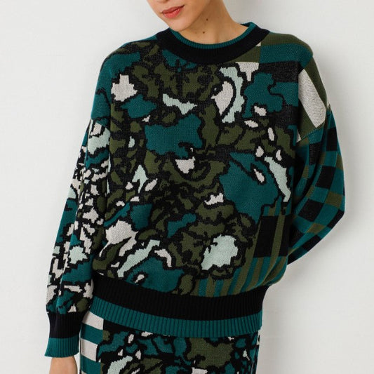 Larhun absract cool toned sweater with ribbef crew neckline and sleeves.