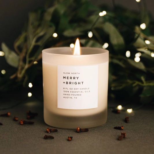 Merry & Bright holiday soy candle by Slow North. Northern fir, clementine citrus.