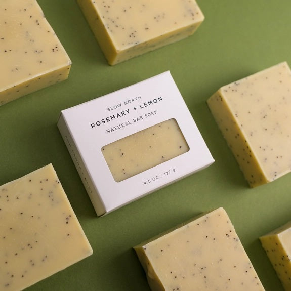 Rosemary lemon natural bar soap with exfoliating poppy seeds by Slow North.