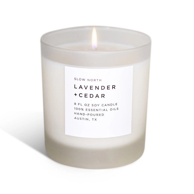 Lavender and cedar essential oil scented soy candle by Slow North