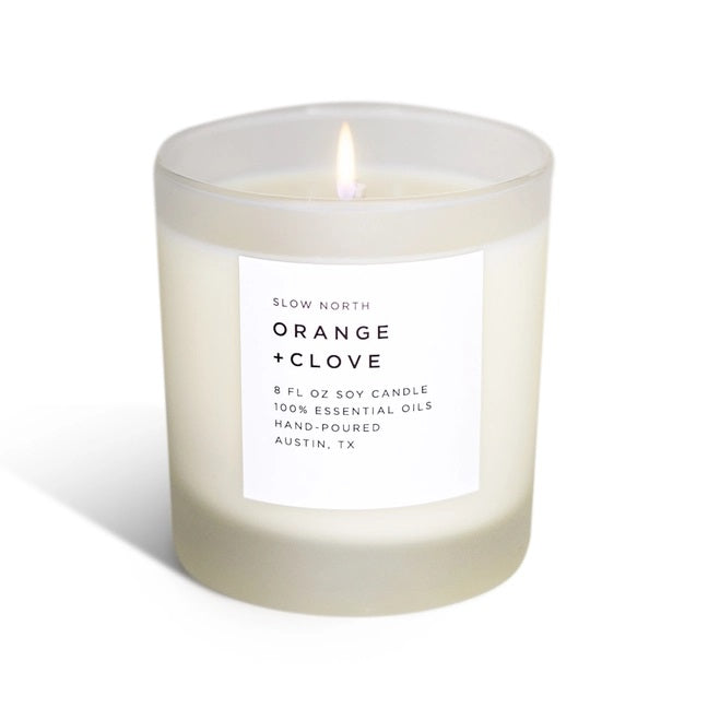 Orange and clove essential oil scented soy candle by Slow North