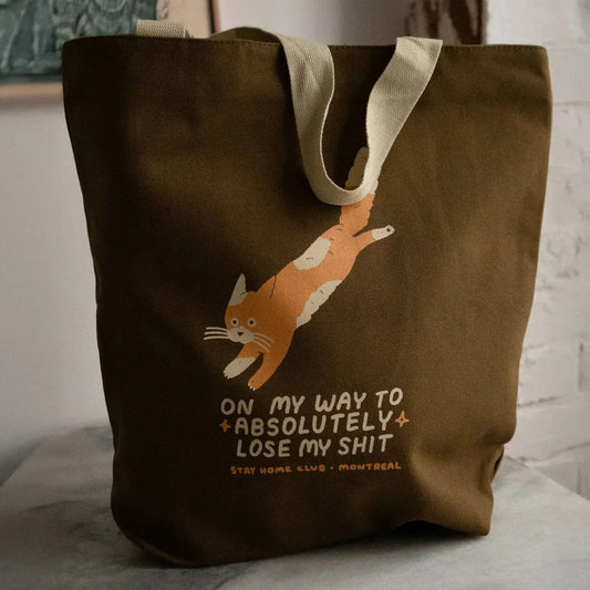 Lose My Shit Stay Home Club cat brown canvs zipper tote bag