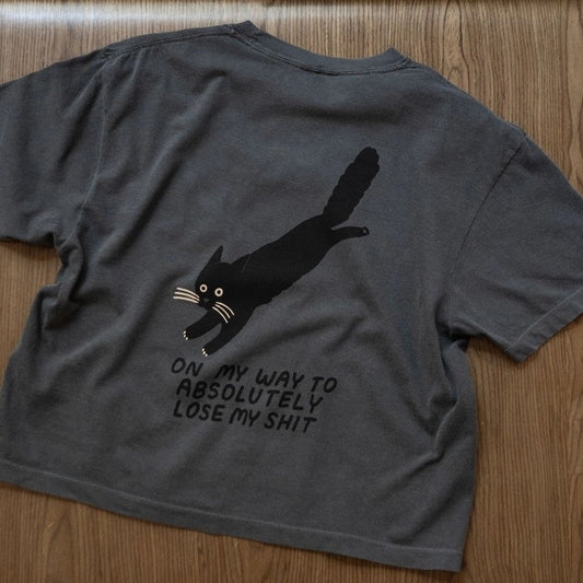 Stay Home Club gray tee with black cat on my way to lose my shit