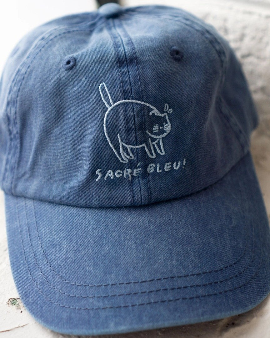 Sacre Bleu dad hat from Stay Home Club in vintage dark denim