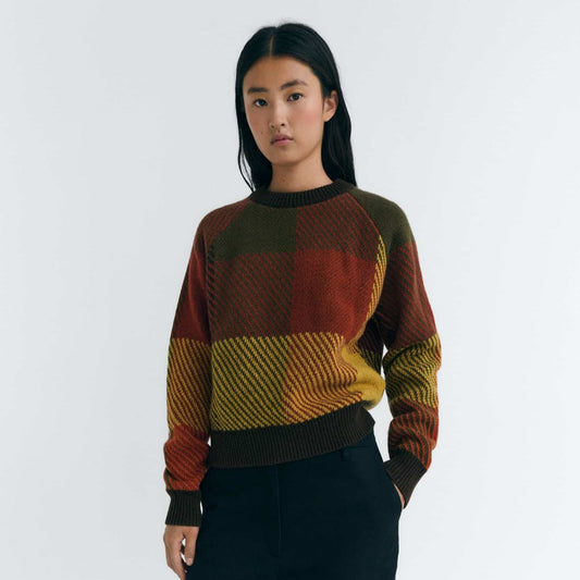 Thinking Mu Creek Nur Sweater olive hunter green, terracotta, and dijon mustard yellow