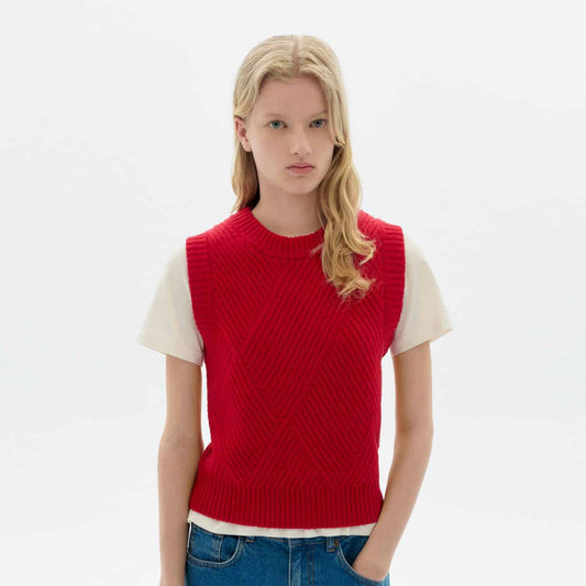Red knit Kaia sweater vest from Thinking Mu