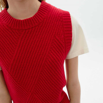 Red knit Kaia sweater vest from Thinking Mu