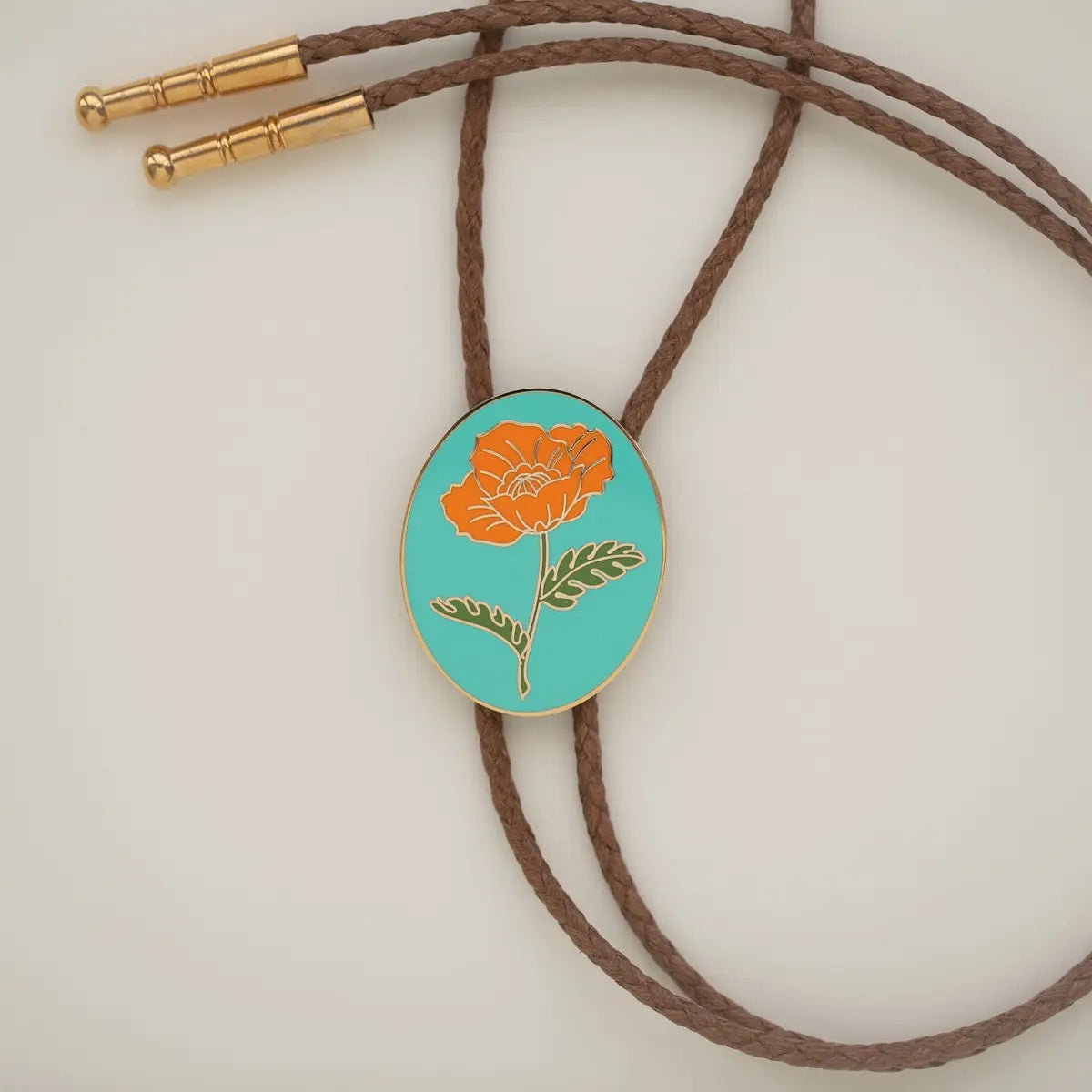 Poppy bolo tie with brown vegan leather cord