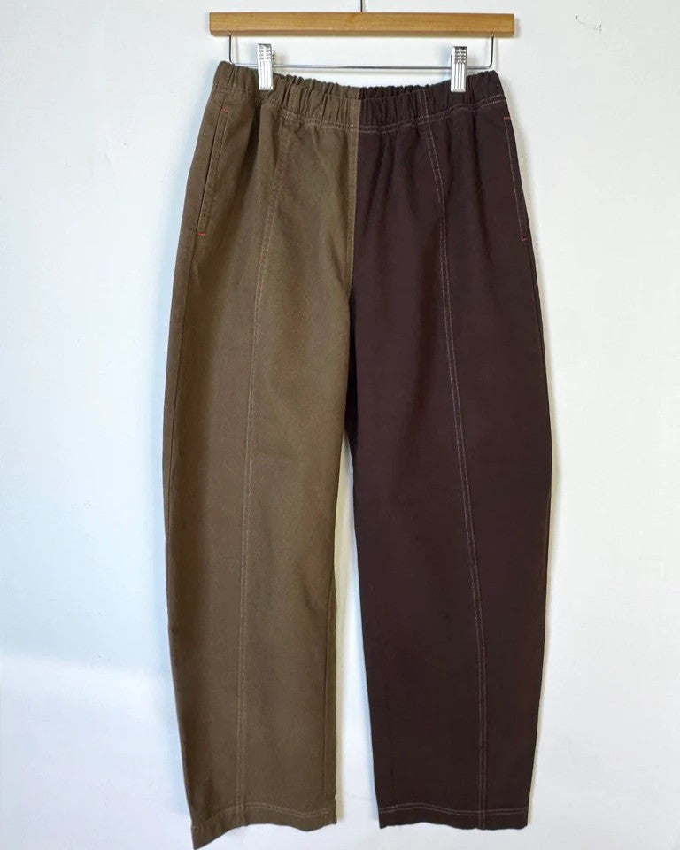 Verity & daughters espresso colorblock barrel pants with elastic waist, front seam, and alternating mismatched back pockets