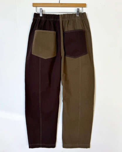 Verity & daughters espresso colorblock barrel pants with elastic waist, front seam, and alternating mismatched back pockets