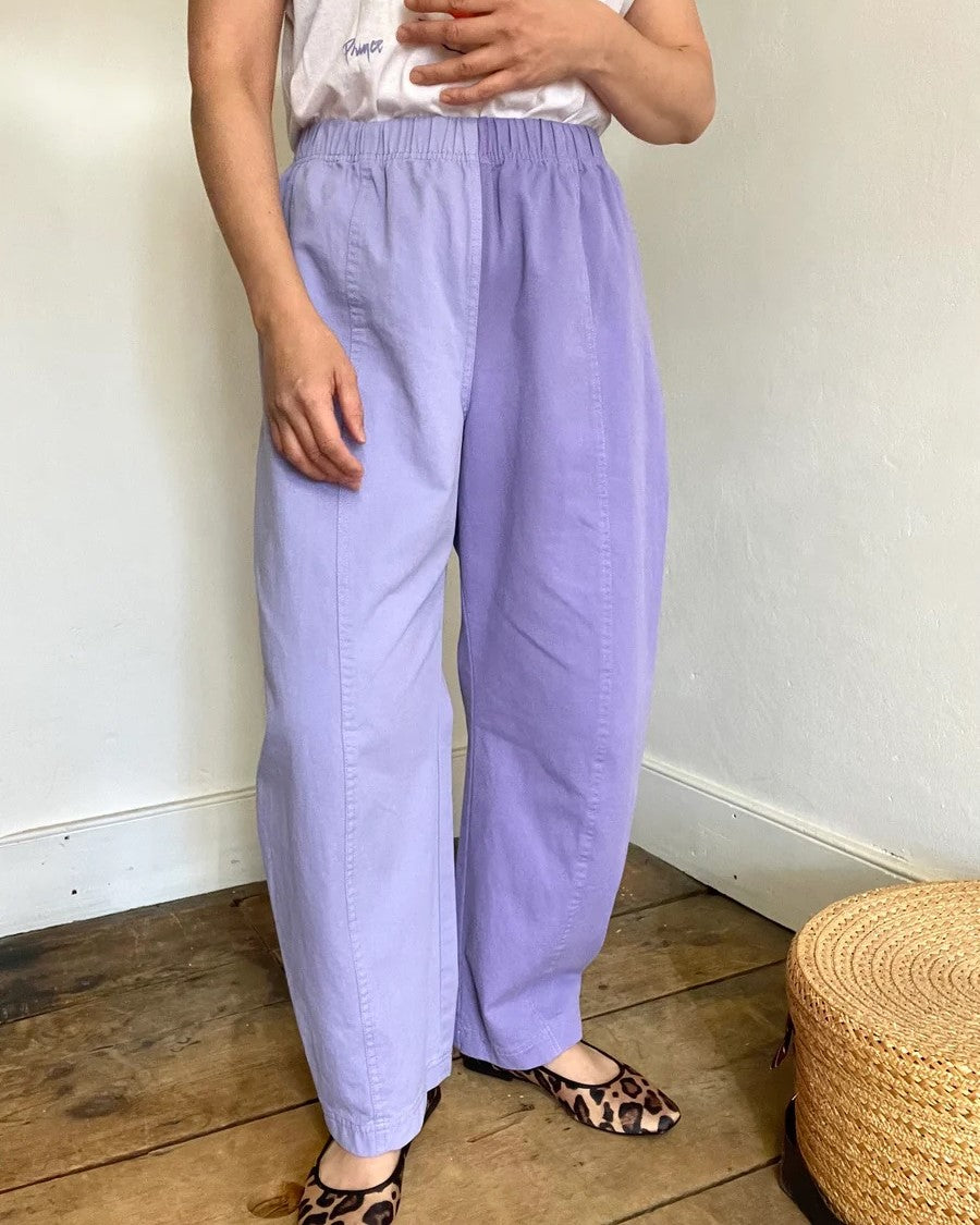 Verity & Daughters Cotton Barrel Elastic Waist Pants with lavender and lilac purple colorblock at Clad, a sustainable clothing store in Asheville , NC