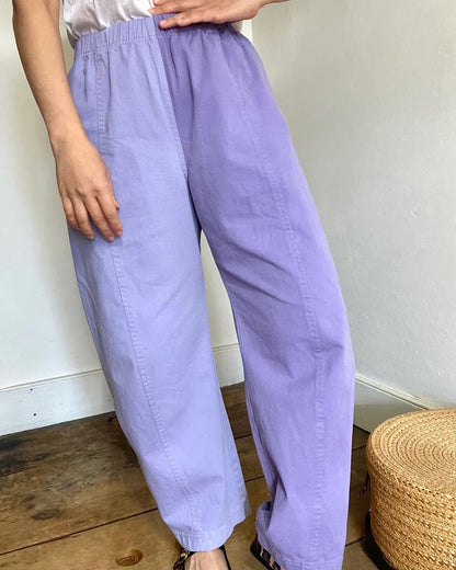 Verity & Daughters Cotton Barrel Elastic Waist Pants with lavender and lilac purple colorblock at Clad, a sustainable clothing store in Asheville , NC