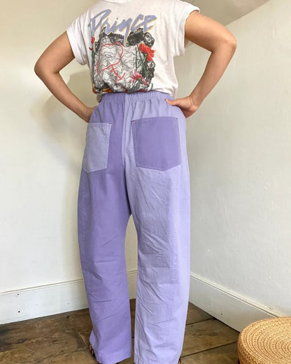 Verity & Daughters Cotton Barrel Elastic Waist Pants with lavender and lilac purple colorblock at Clad, a sustainable clothing store in Asheville , NC. Contrast back pockets.